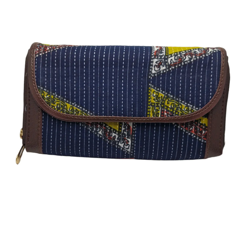 Navy patchwork clutch lime tangerine - front view with flap closed