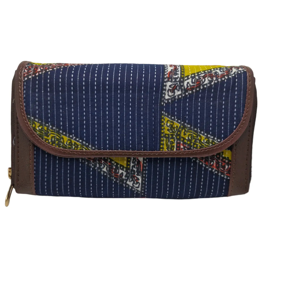 Navy patchwork clutch lime tangerine - side profile showing flap and zip gusset