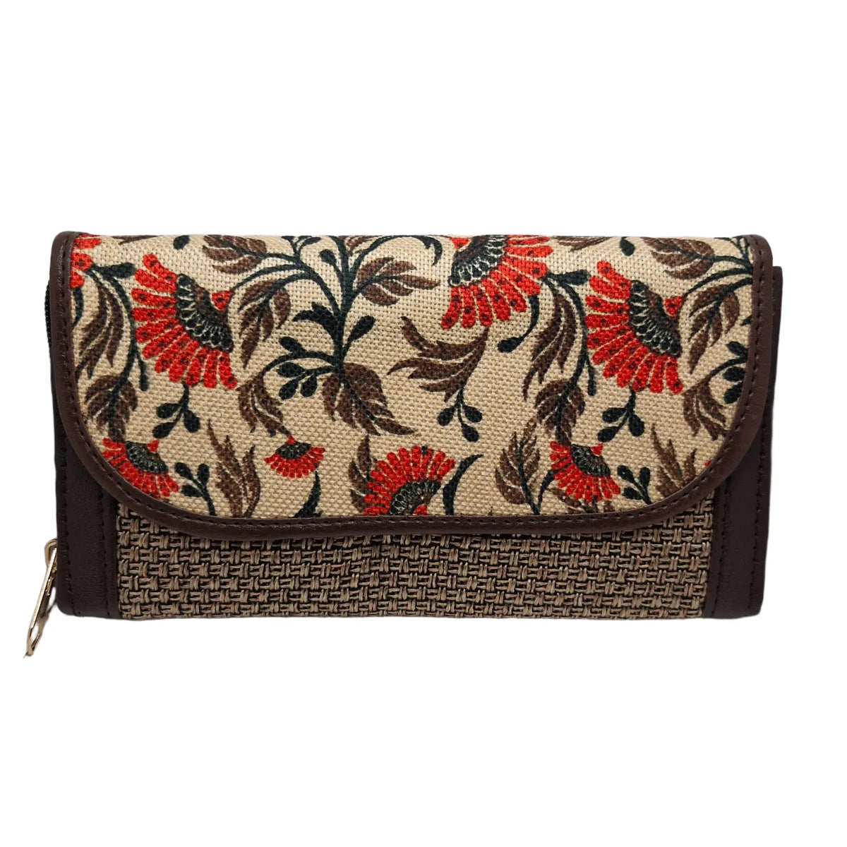 Rust poppy floral block print clutch - front view with flap closed