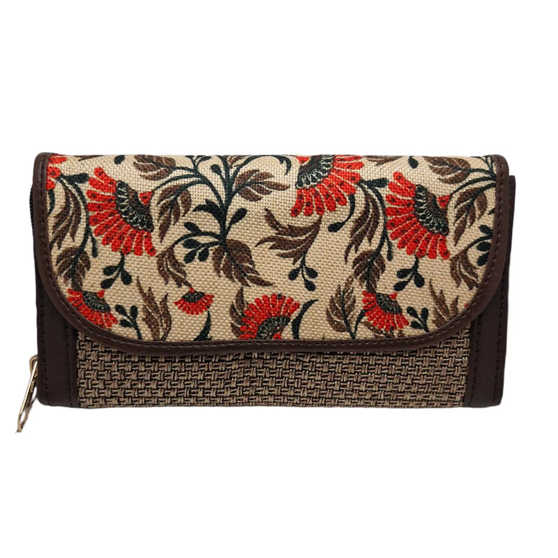 Rust poppy floral block print clutch - front view with flap closed