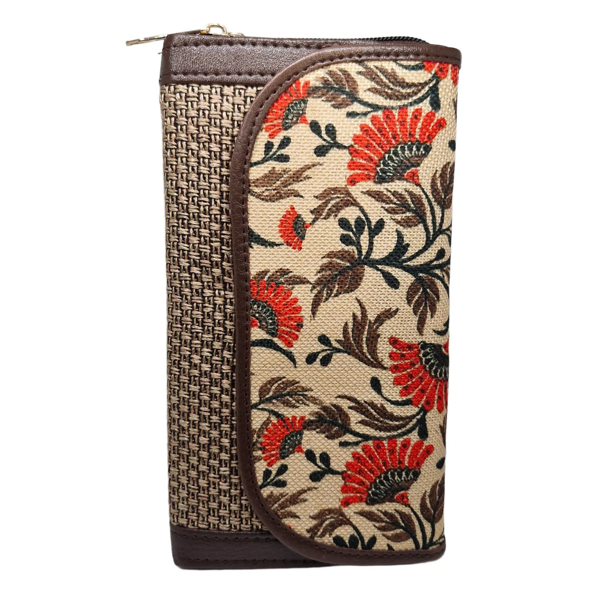 Rust poppy floral block print clutch - side profile showing flap and zip gusset