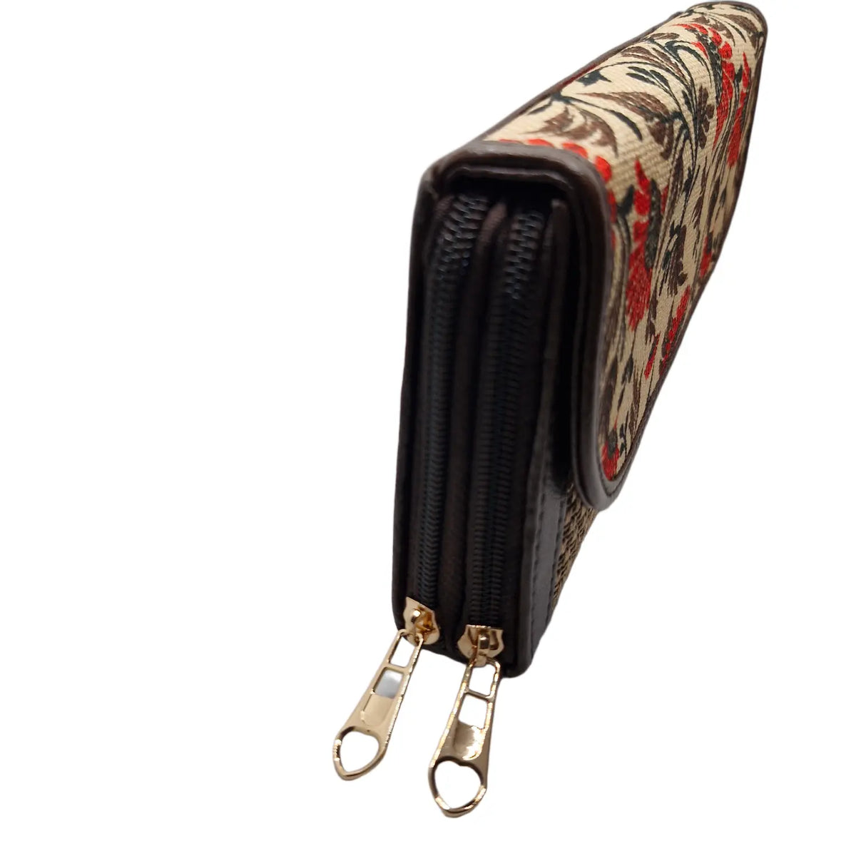 Rust poppy floral block print clutch - double zip detail