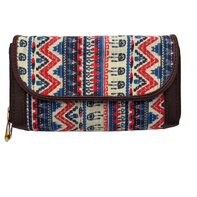 Blue red tribal zigzag clutch cream border - front view with flap closed