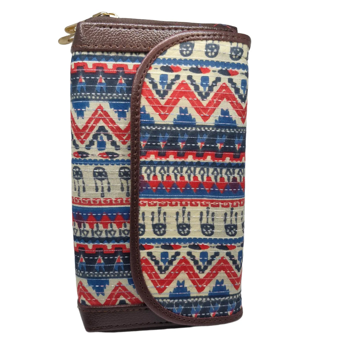 Blue red tribal zigzag clutch cream border - back panel