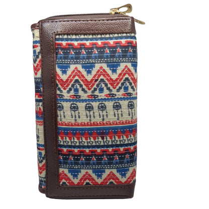 Blue red tribal zigzag clutch cream border - side profile showing flap and zip gusset
