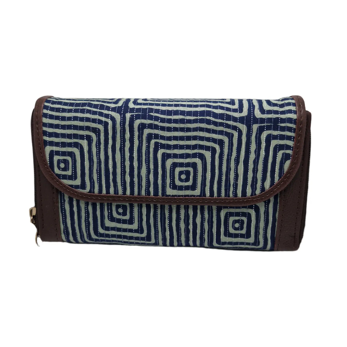 Indigo concentric square maze block print clutch - front view with flap closed