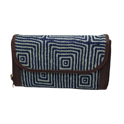 Indigo concentric square maze block print clutch - front view with flap closed