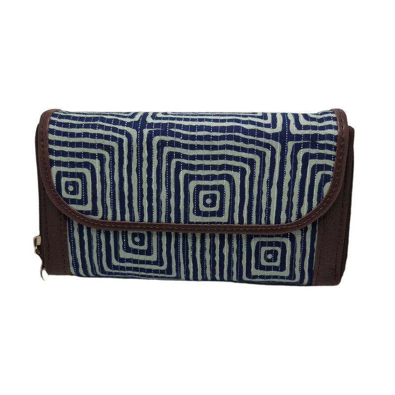 Indigo concentric square maze block print clutch - front view with flap closed