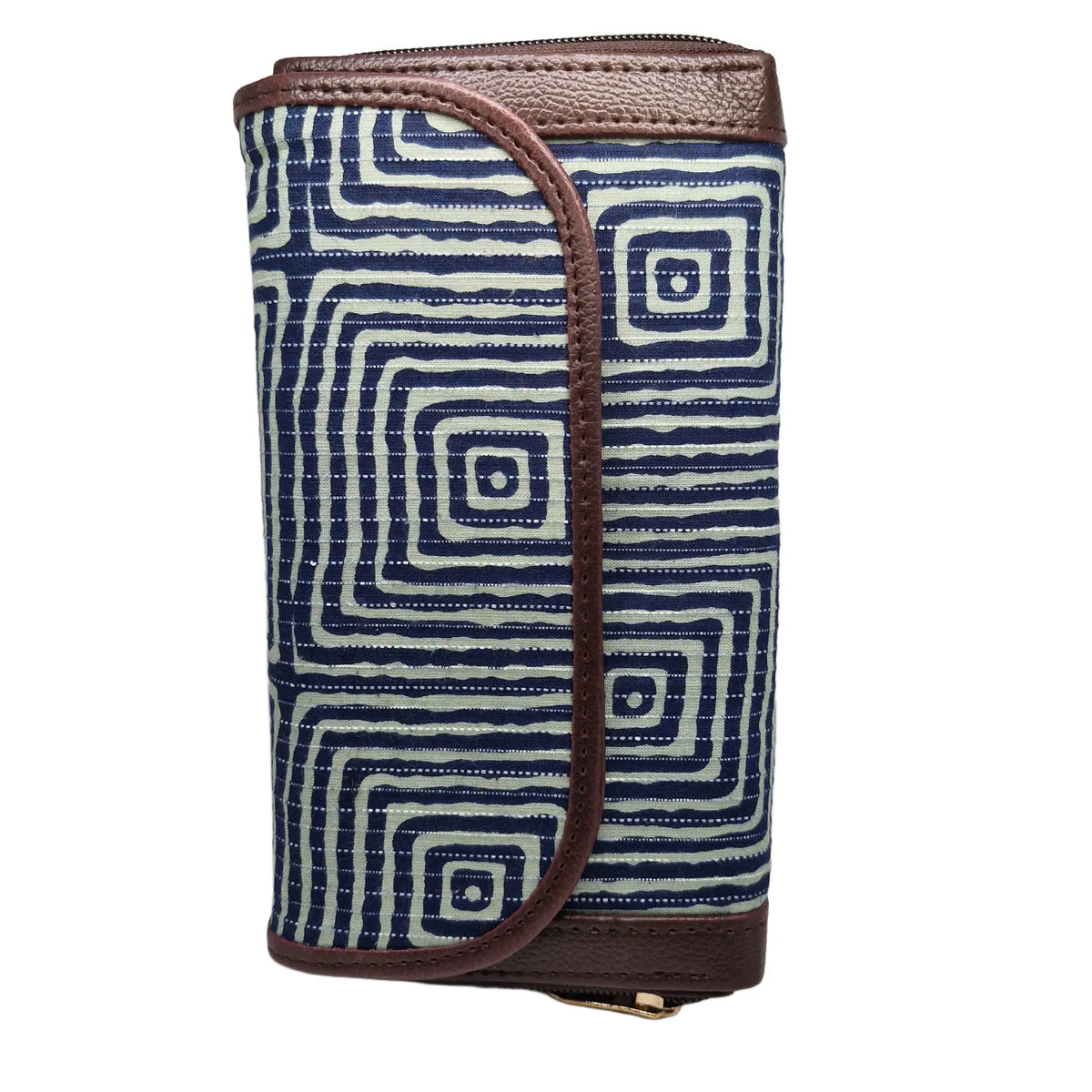 Indigo concentric square maze block print clutch - back panel