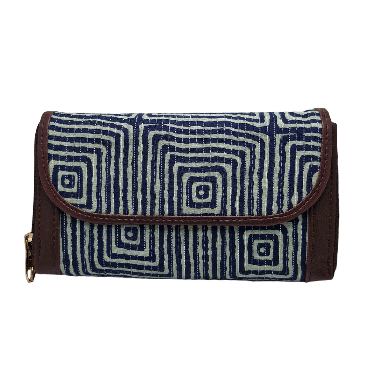 Indigo concentric square maze block print clutch - opposite side view