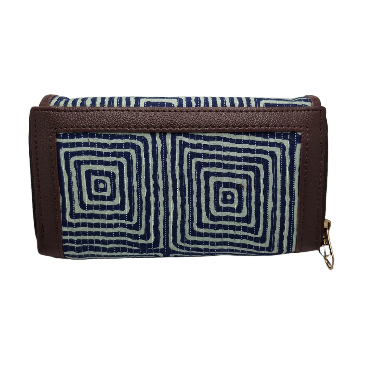 Indigo concentric square maze block print clutch - double zip detail