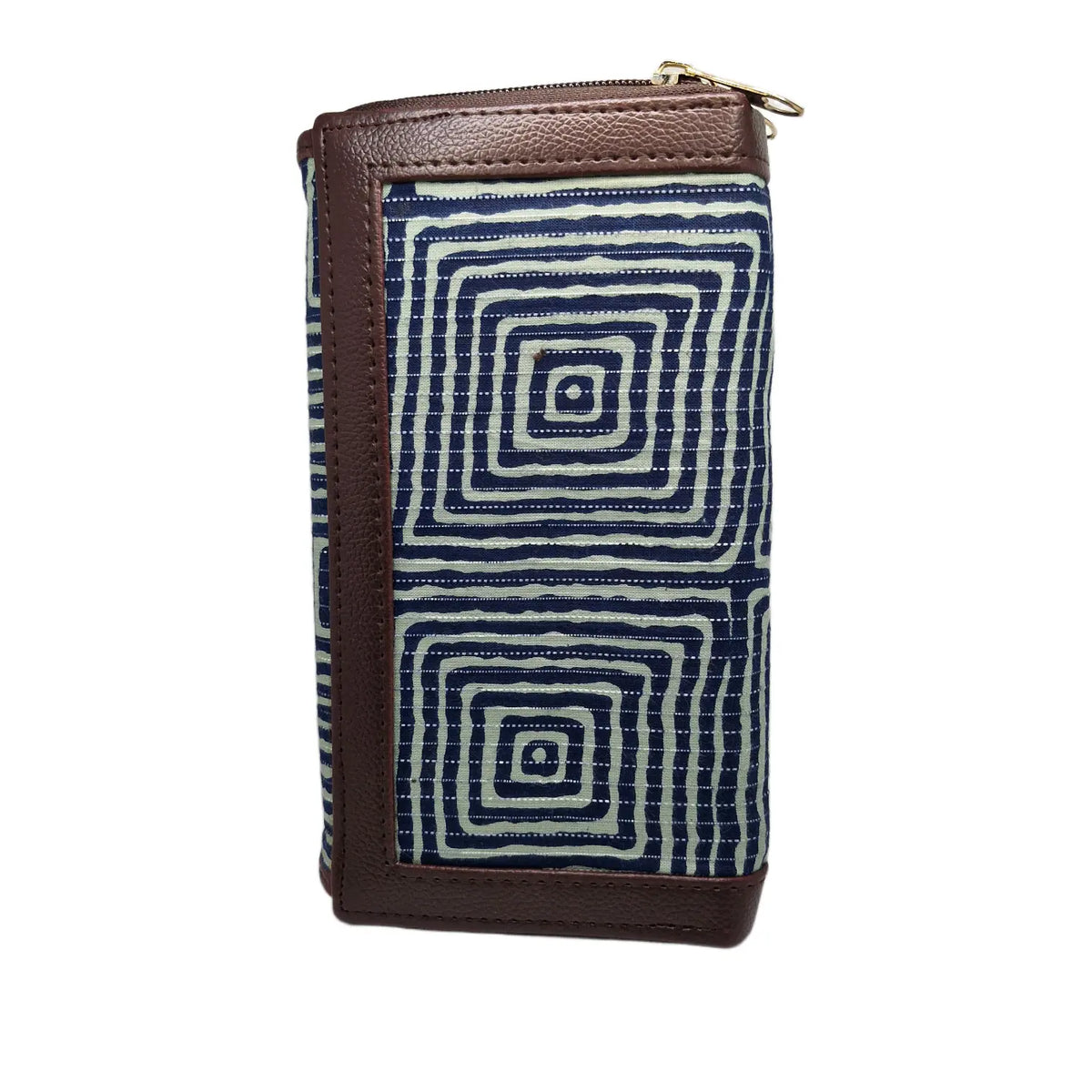 Indigo concentric square maze block print clutch - side profile showing flap and zip gusset