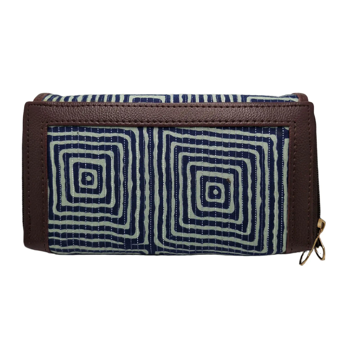 Indigo concentric square maze block print clutch - close-up of print and trim