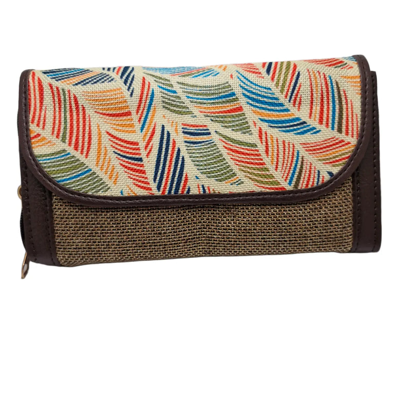 Multicolour feather leaf block print clutch - front view with flap closed