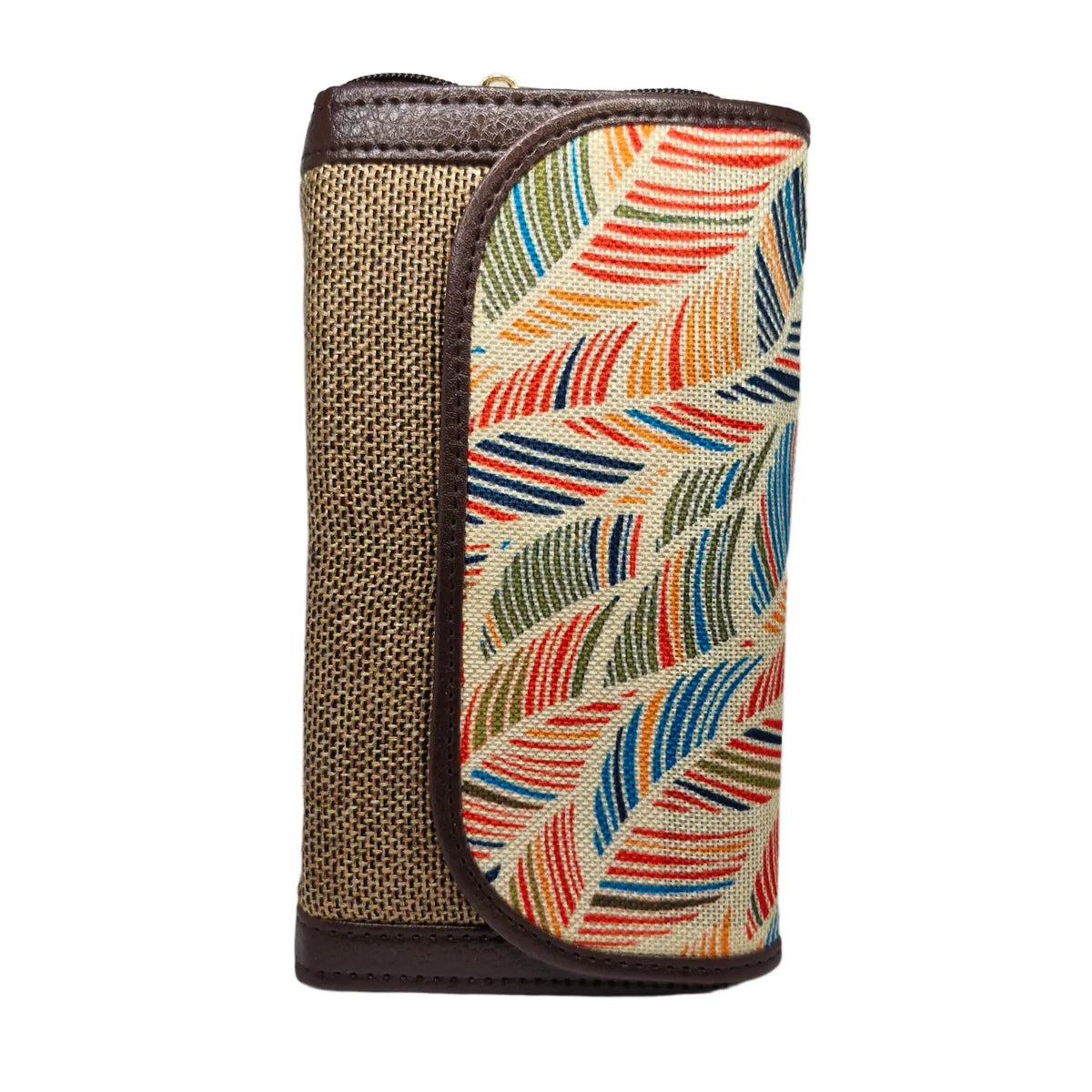Multicolour feather leaf block print clutch - side profile showing flap and zip gusset