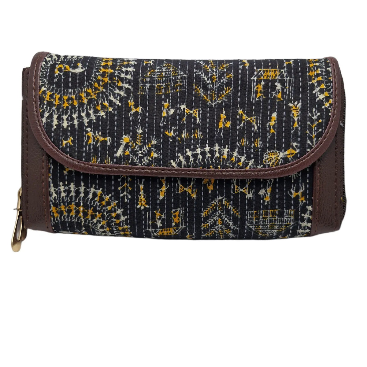 Black warli style folk art quilted clutch - front view with flap closed