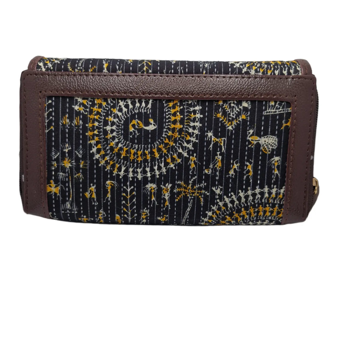 Black warli style folk art quilted clutch - back panel