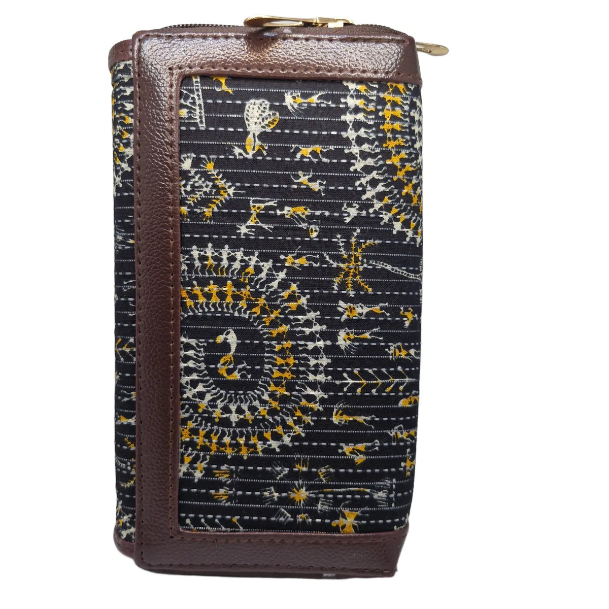 Black warli style folk art quilted clutch - opposite side view