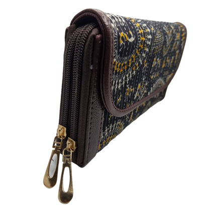 Black warli style folk art quilted clutch - double zip detail