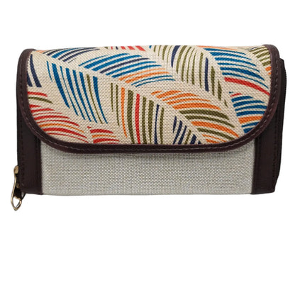 Multicolour feather leaf clutch cream panel - front view with flap closed