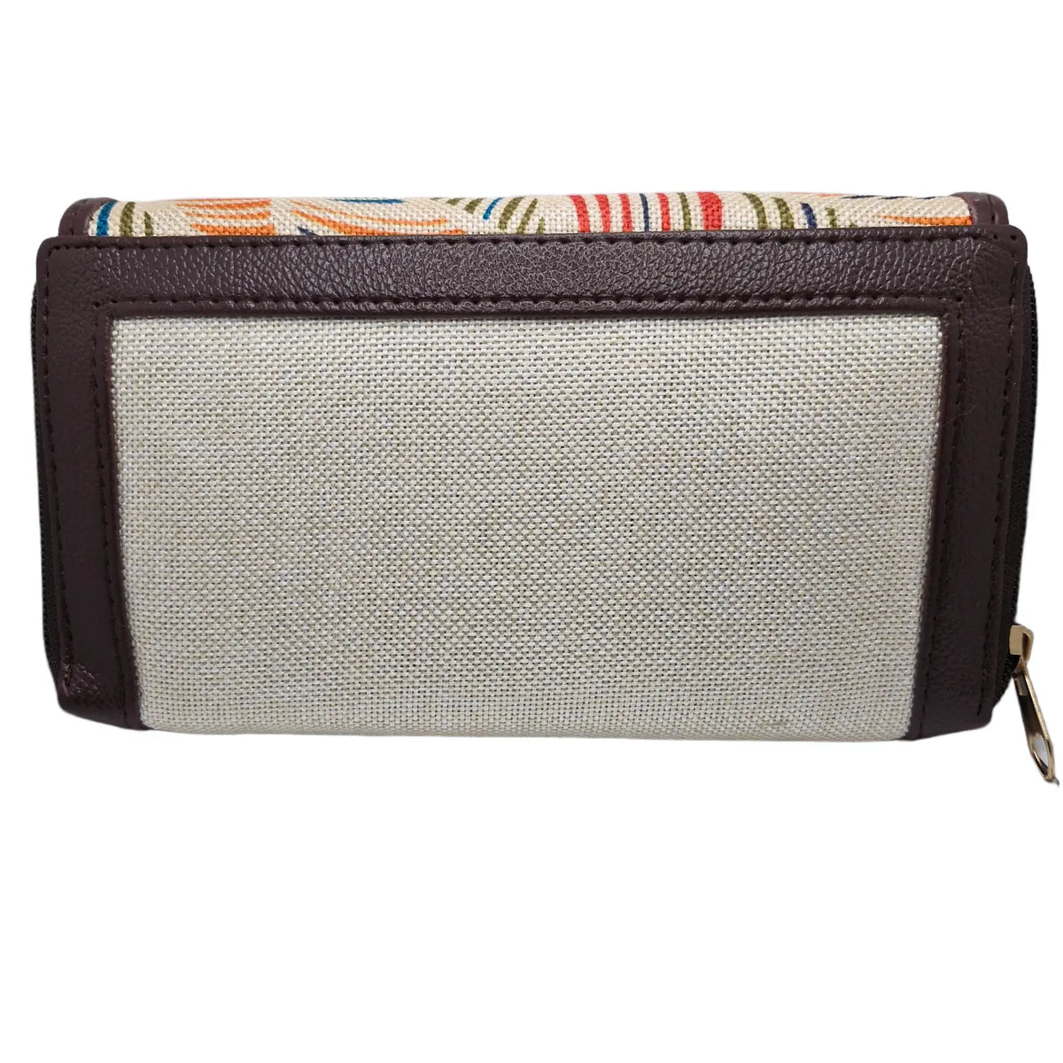 Multicolour feather leaf clutch cream panel - side profile showing flap and zip gusset