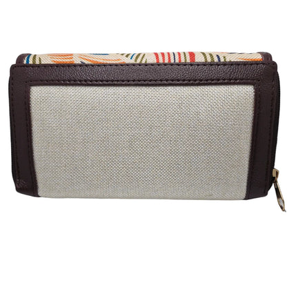 Multicolour feather leaf clutch cream panel - side profile showing flap and zip gusset
