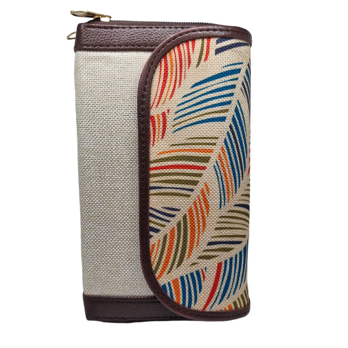 Multicolour feather leaf clutch cream panel - double zip detail