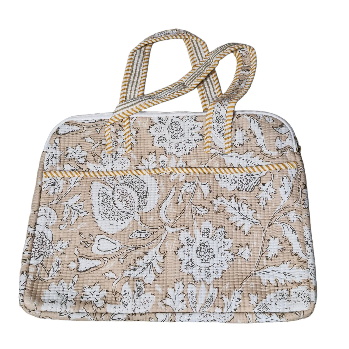 Beige floral block print quilted laptop bag - view showing handles and zip