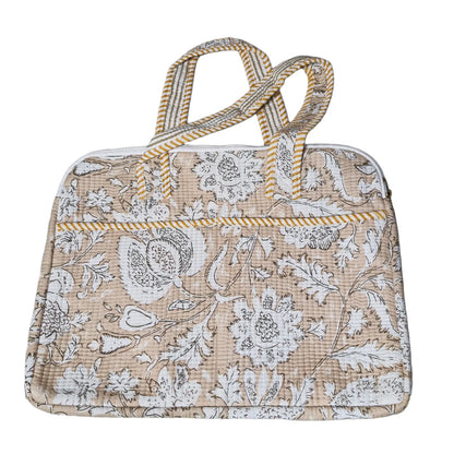 Beige floral block print quilted laptop bag - view showing handles and zip