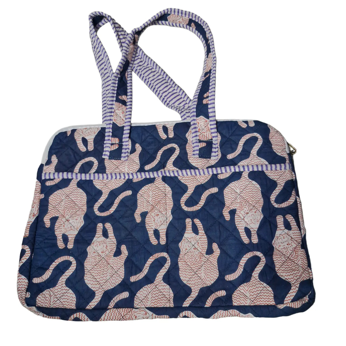 Navy tiger block print quilted laptop bag - view showing handles and zip