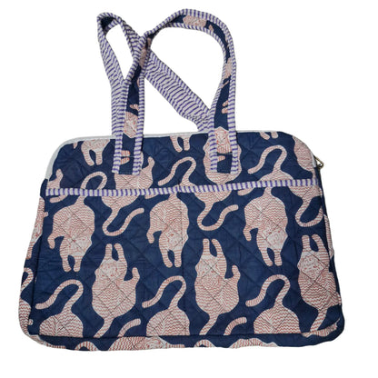 Navy tiger block print quilted laptop bag - view showing handles and zip