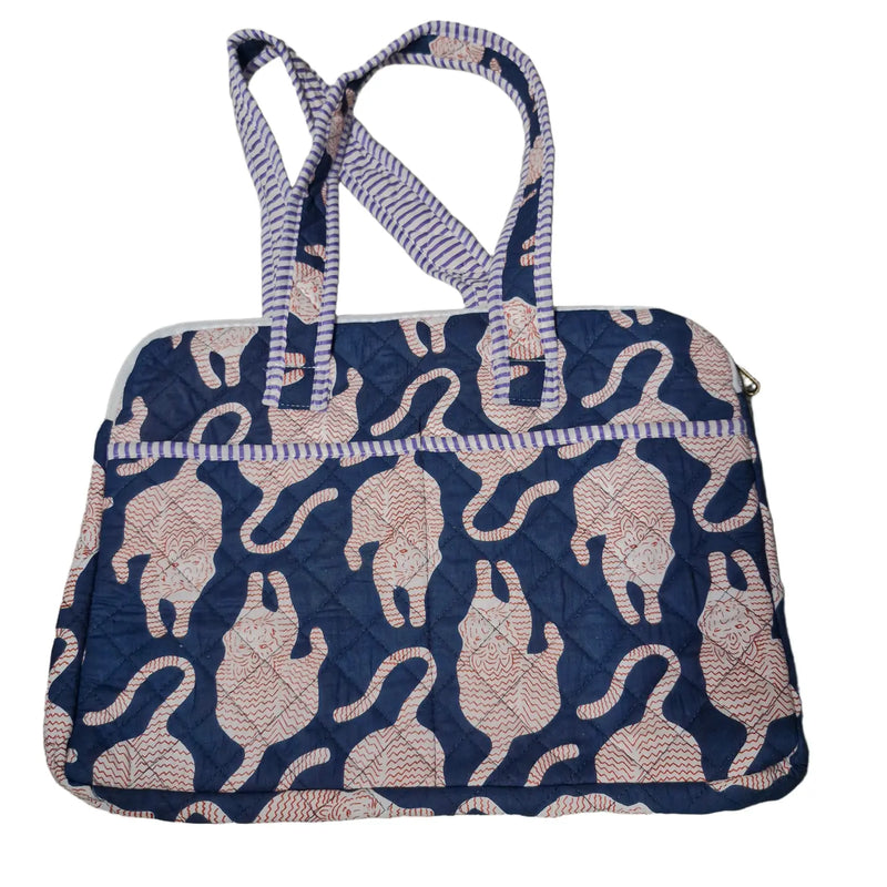 Navy tiger block print quilted laptop bag - view showing handles and zip