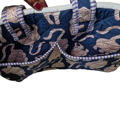 Navy tiger block print quilted laptop bag - close-up of quilted print