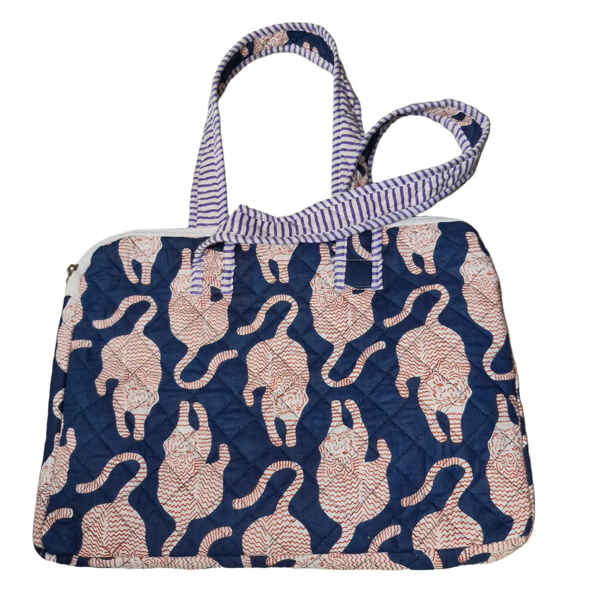 Navy tiger block print quilted laptop bag - additional angle