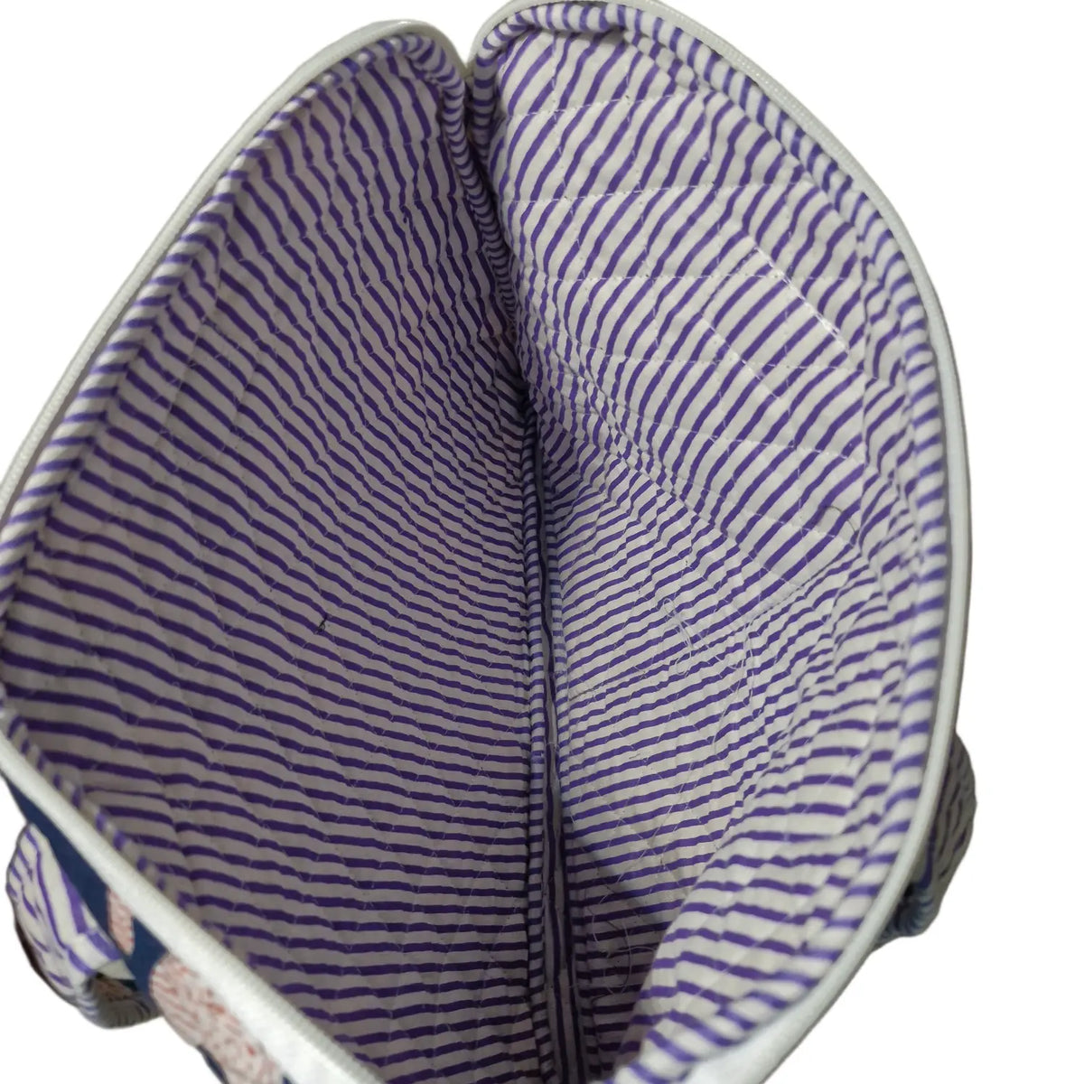 Navy tiger block print quilted laptop bag - inside lining detail