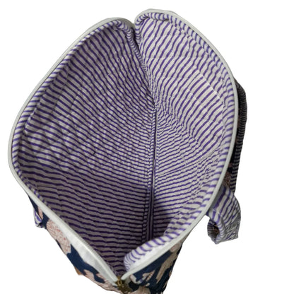 Navy tiger block print quilted laptop bag - striped lining view