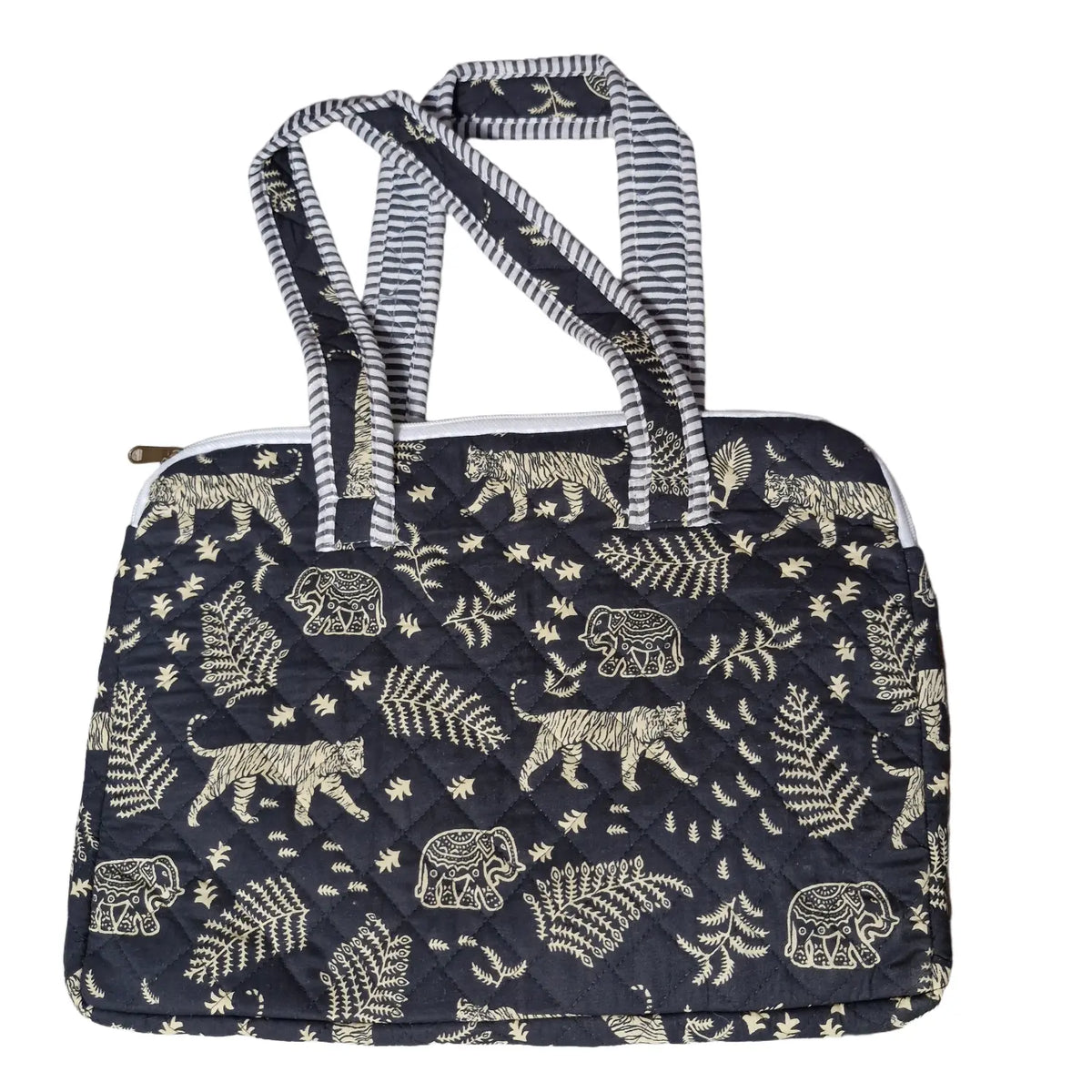 Black jungle tiger elephant block print laptop bag - front view