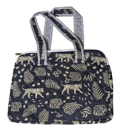 Black jungle tiger elephant block print laptop bag - front view
