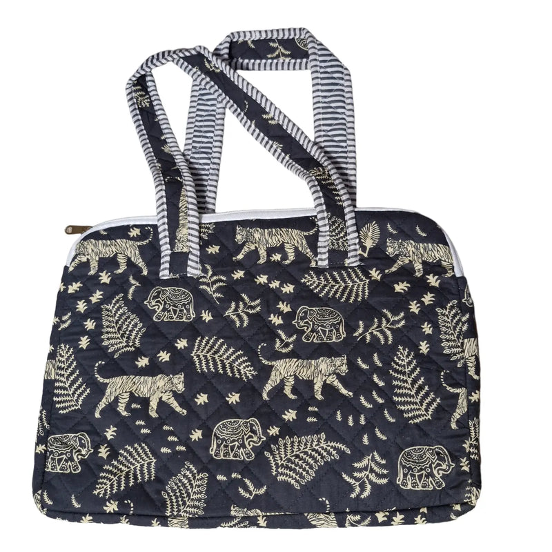 Black jungle tiger elephant block print laptop bag - front view
