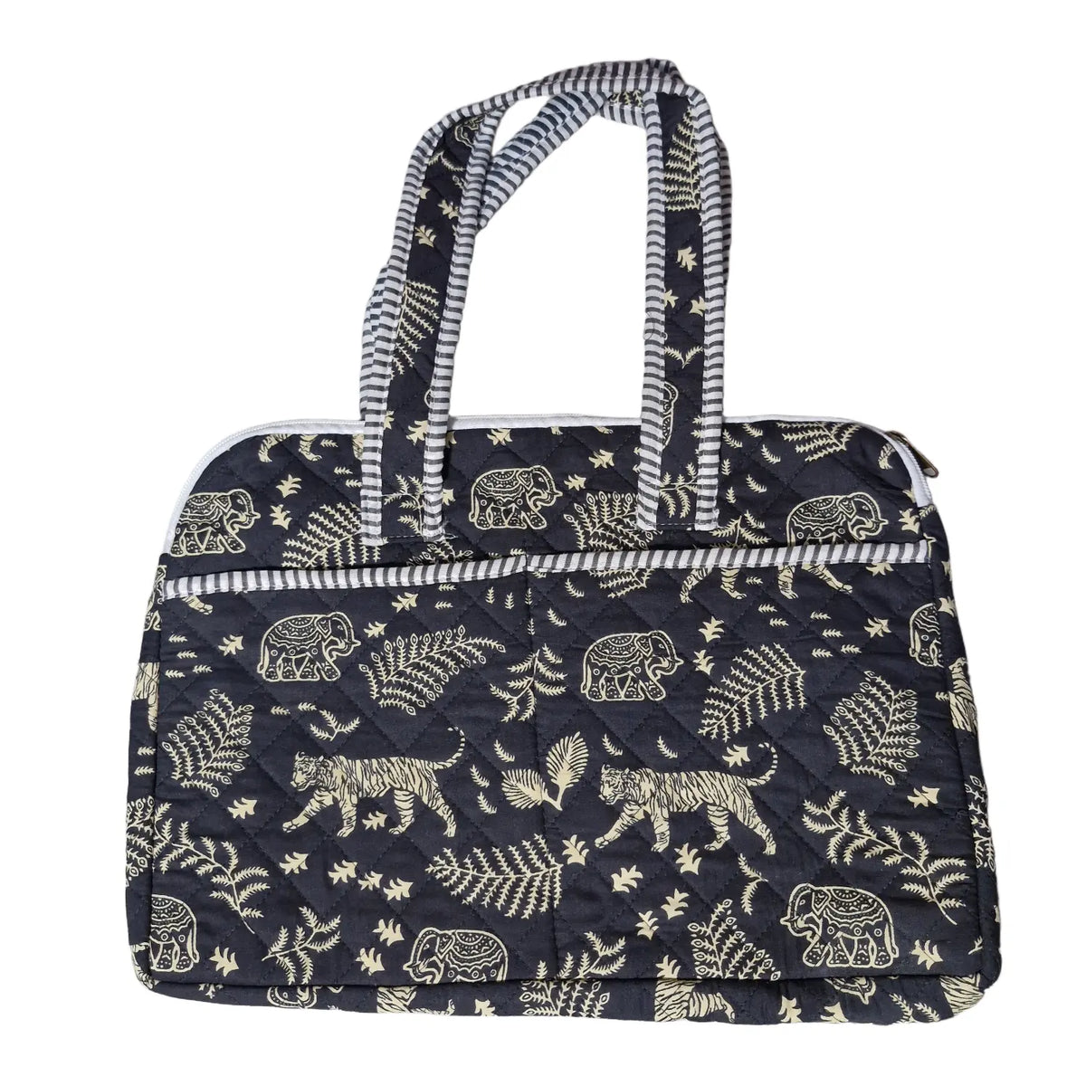 Black jungle tiger elephant block print laptop bag - view showing handles and zip