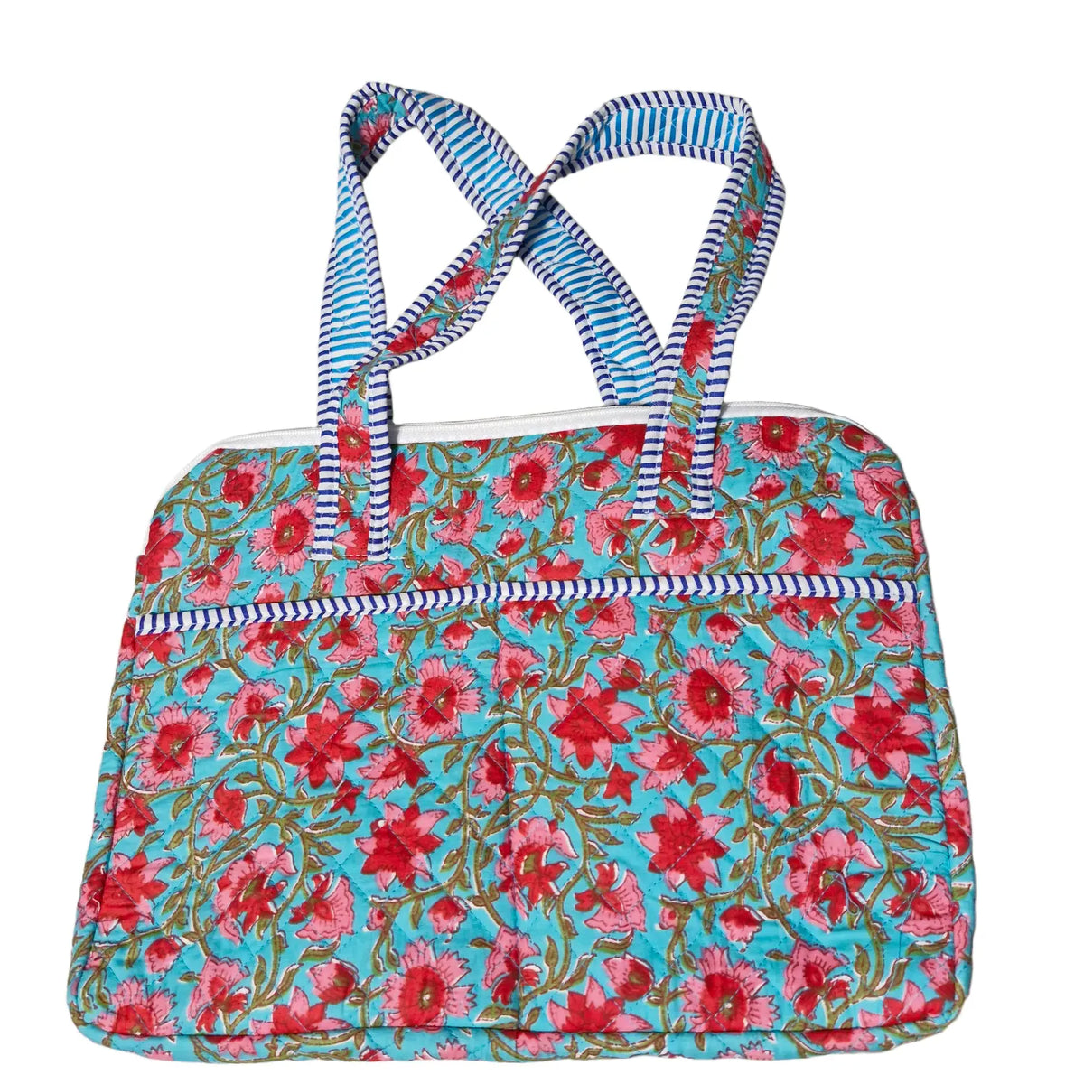 Turquoise red floral block print laptop bag - front view