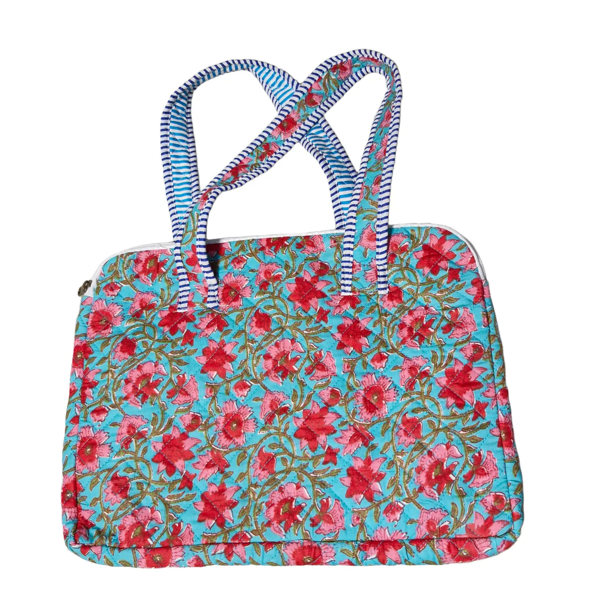 Turquoise red floral block print laptop bag - view showing handles and zip