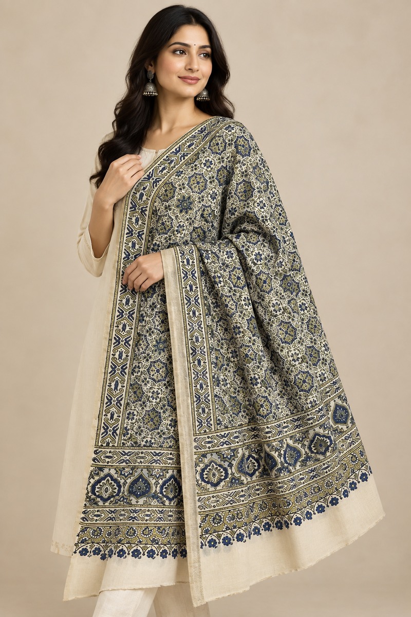 Ivory & Indigo Ajrakh Dola Silk Dupatta with Zari Border – Star Jaal