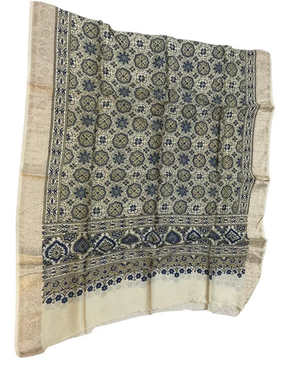 Ivory & Indigo hand block printed Ajrakh dupatta laid flat showing star jaal print, pallu and zari border