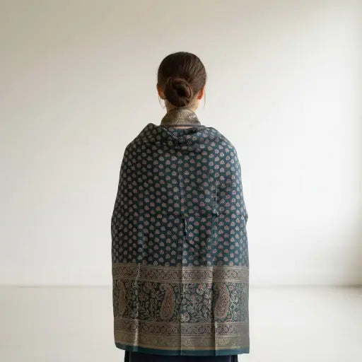 Steel Blue Ajrakh dola silk dupatta with gold zari border styled over a kurta