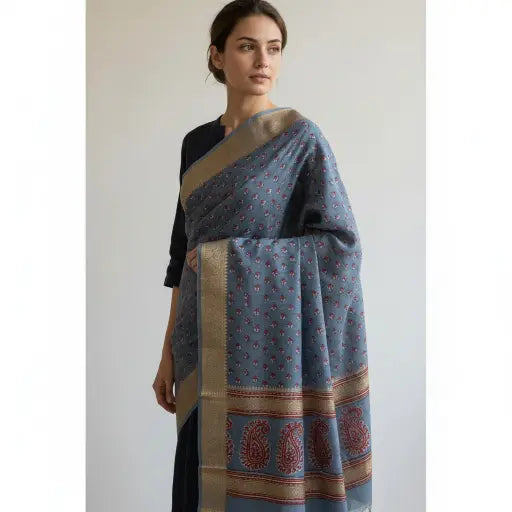 Model wearing steel blue Ajrakh block print dupatta — alternate drape view