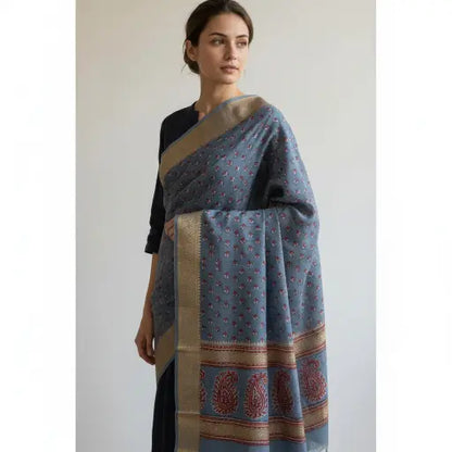 Model wearing steel blue Ajrakh block print dupatta — alternate drape view