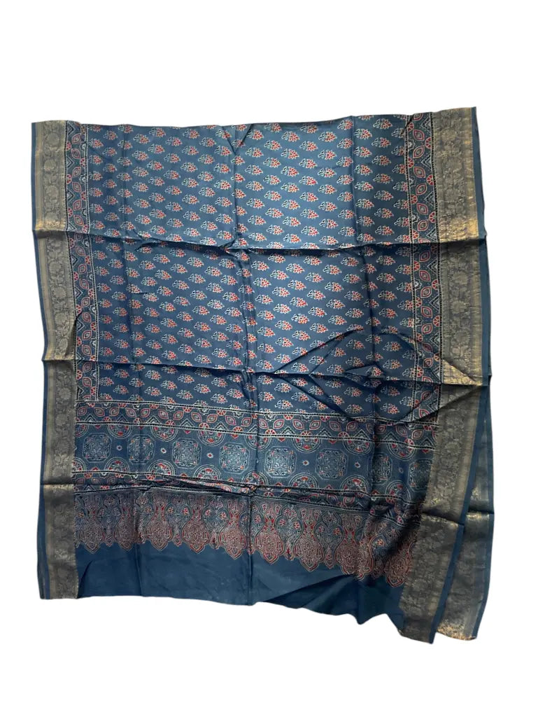Steel Blue hand block printed Ajrakh dupatta laid flat showing red buti print, pallu and zari border