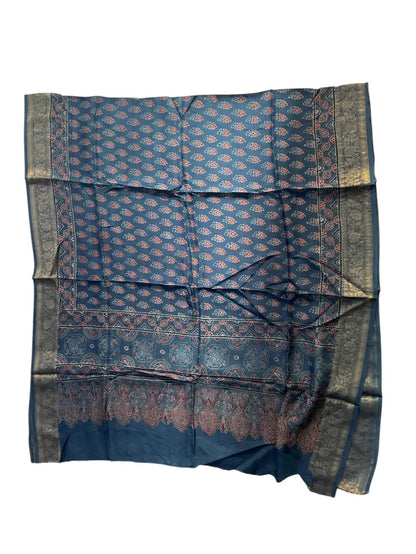 Steel Blue hand block printed Ajrakh dupatta laid flat showing red buti print, pallu and zari border