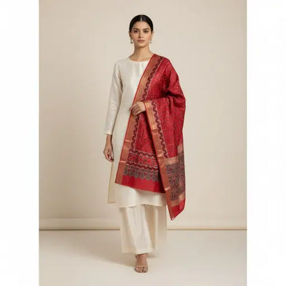 Model wearing scarlet red Ajrakh block print dupatta — alternate drape view